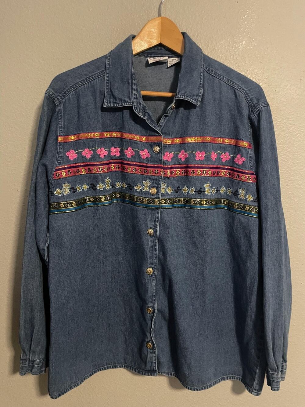 Vintage Carolina Blues Top Womens 20W Blue Floral Embroidered Denim Boho 90s